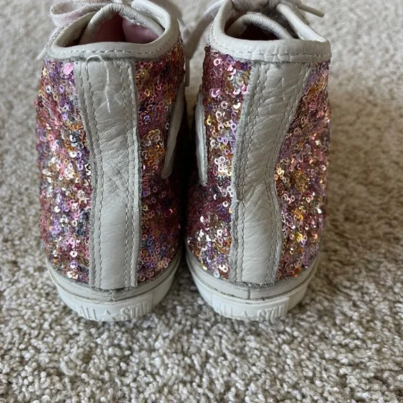 RARE VINTAGE CONVERSE PINK SEQUIN AND LEATHER HI TOP SNEAKERS HARD TO FIND. 8 US - Picture 3 of 9